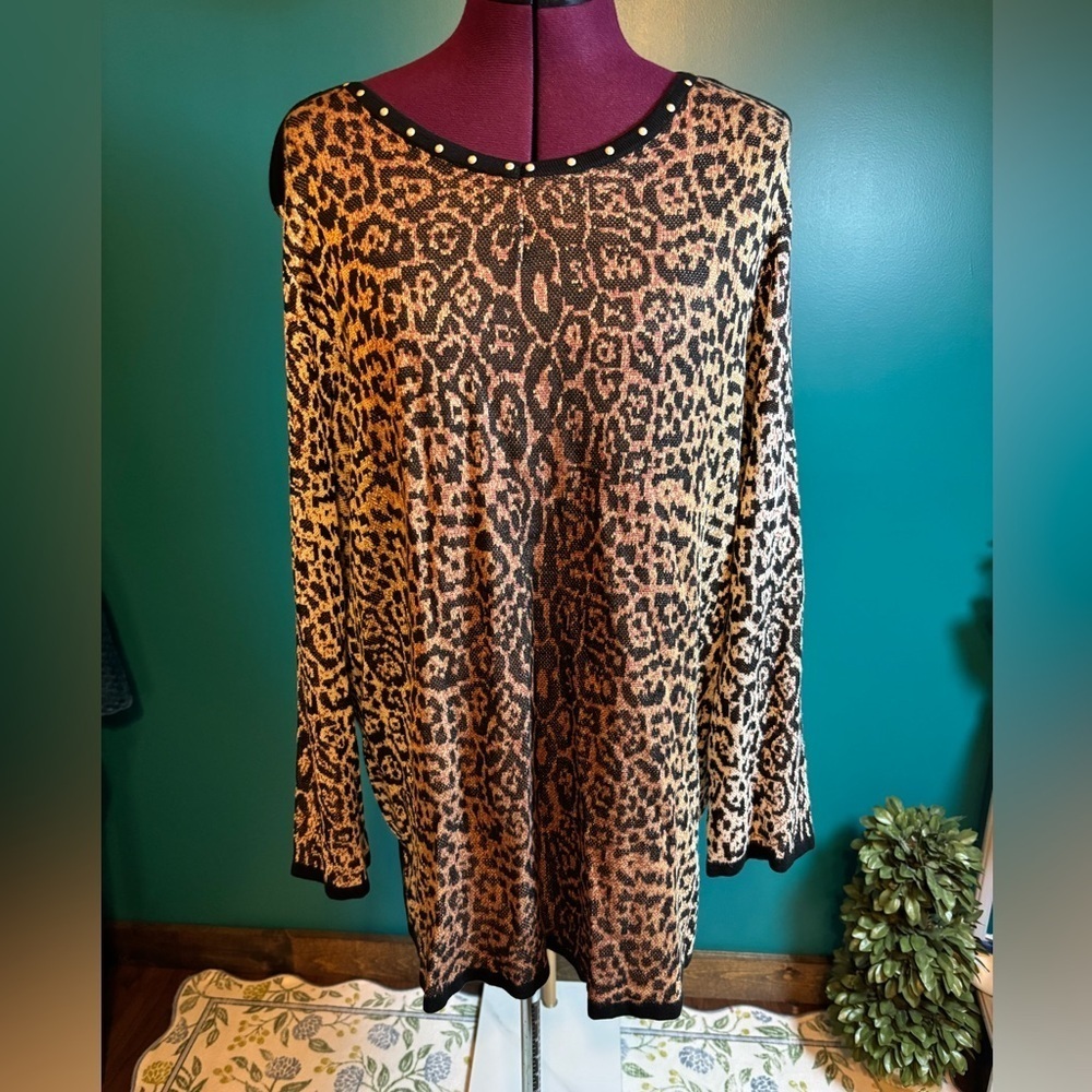 Alfred Dunner Brown and Black Embellished Long Sleeve Blouse
